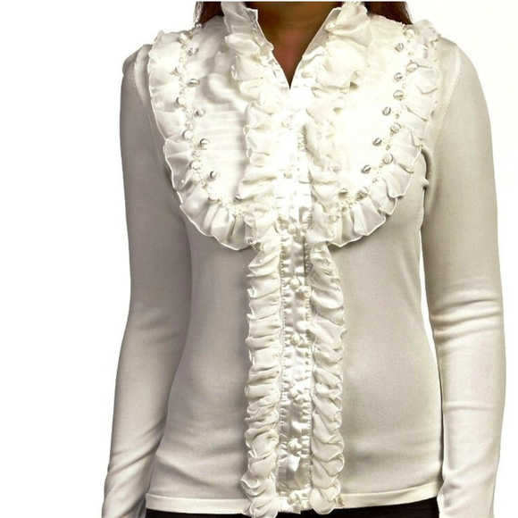 RuffLe Frill Bib TOP Stretch Knit Sweater Cardigan - Picture 2 of 3